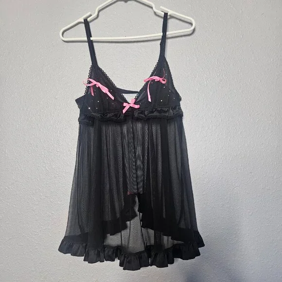 Victoria's Secret Sexy Little Things Babydoll SZ Large Black Sheer Rhinestones - Picture 5 of 14